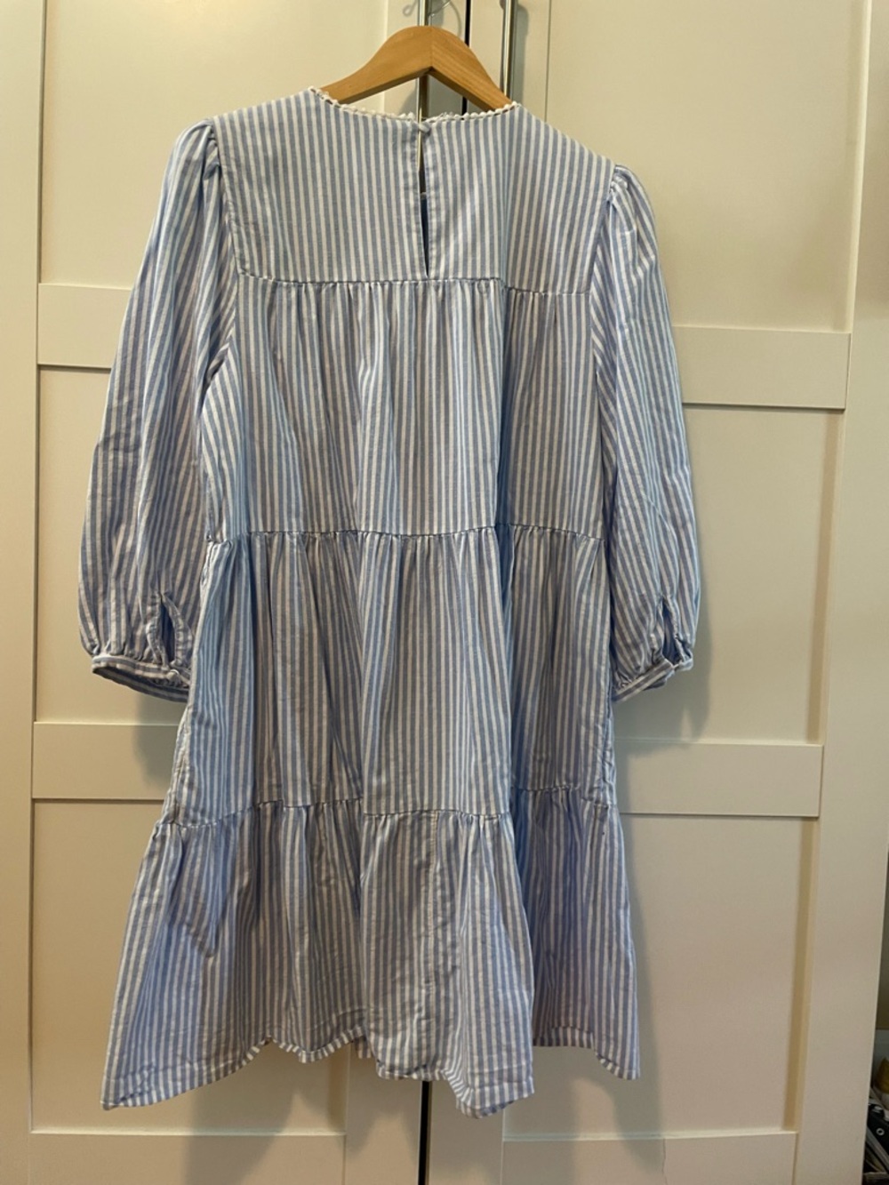 Blue & White Striped Tiered Dress with Navy Embroidery - Picture 2 of 7